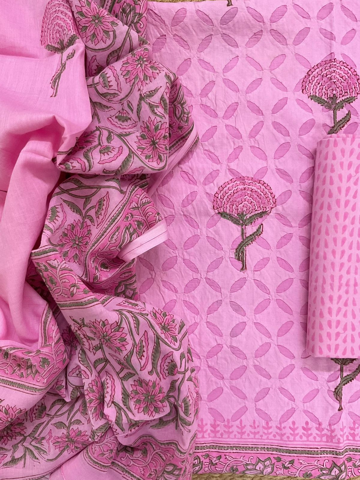 Pure Cotton Printed Applique Work Suit - Pink