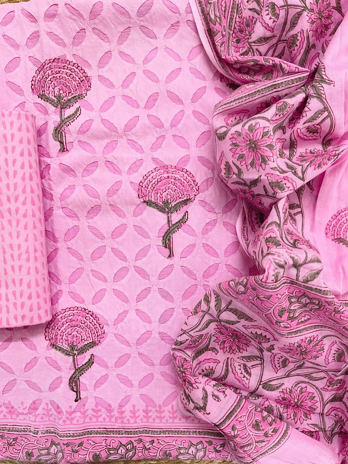 Pure Cotton Printed Applique Work Suit - Pink