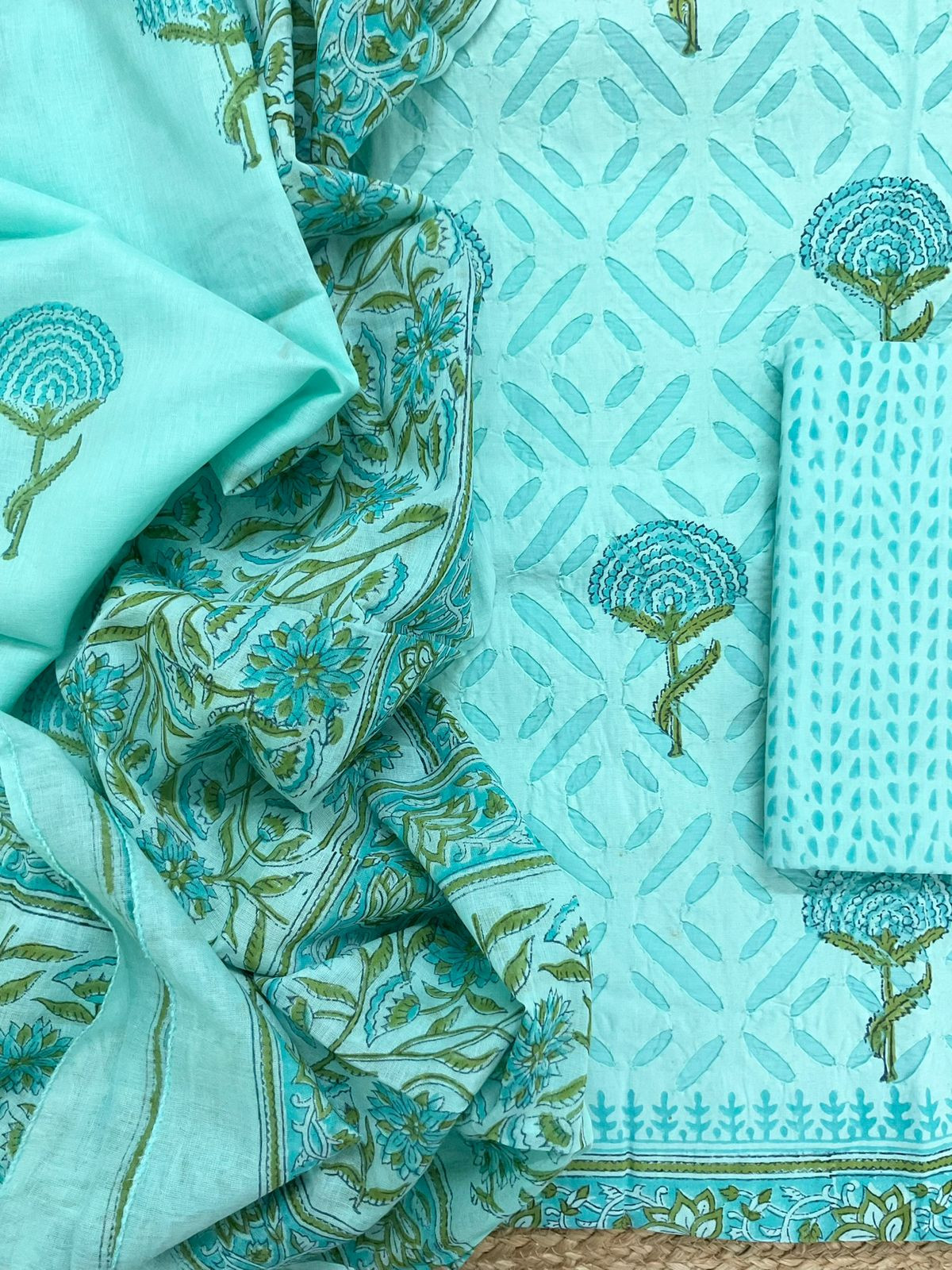 Pure Cotton Printed Applique Work Suit - Blue
