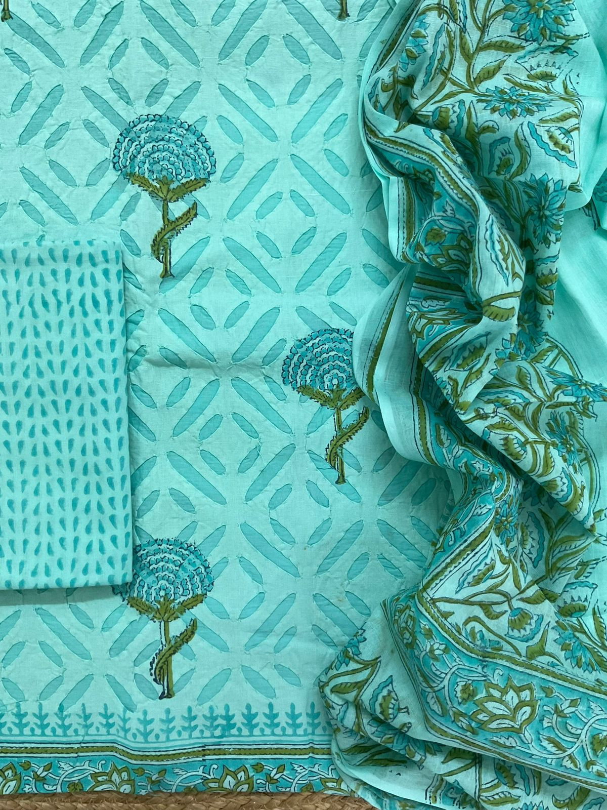 Pure Cotton Printed Applique Work Suit - Blue
