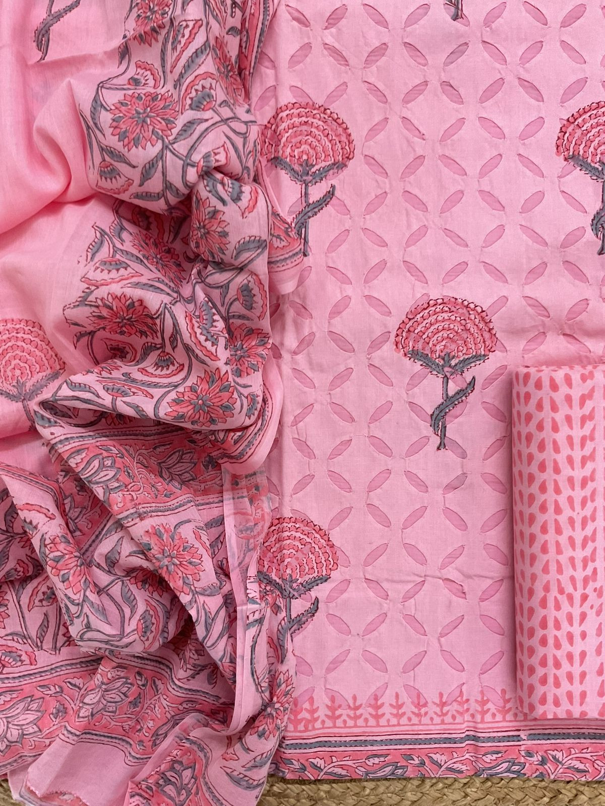 Pure Cotton Printed Applique Work Suit - Pink