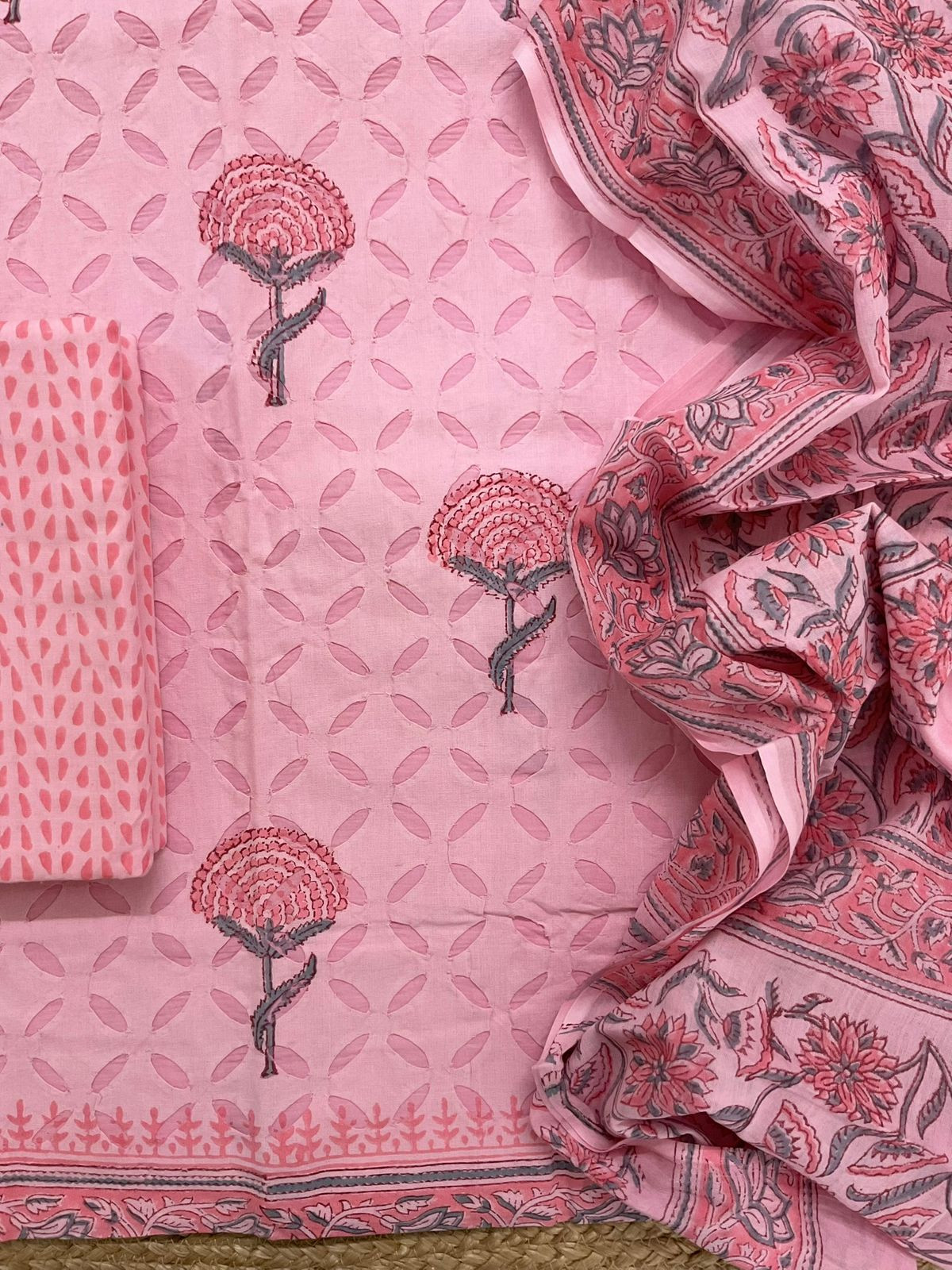 Pure Cotton Printed Applique Work Suit - Pink