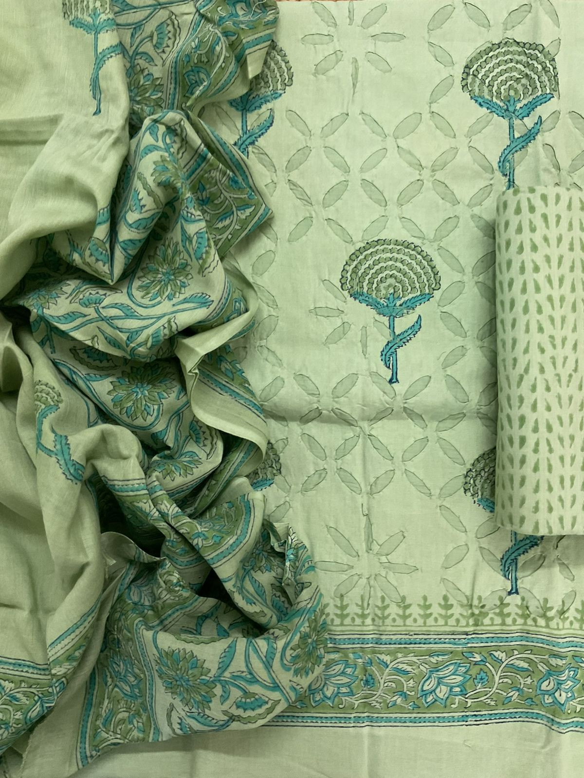 Pure Cotton Printed Applique Work Suit - Green