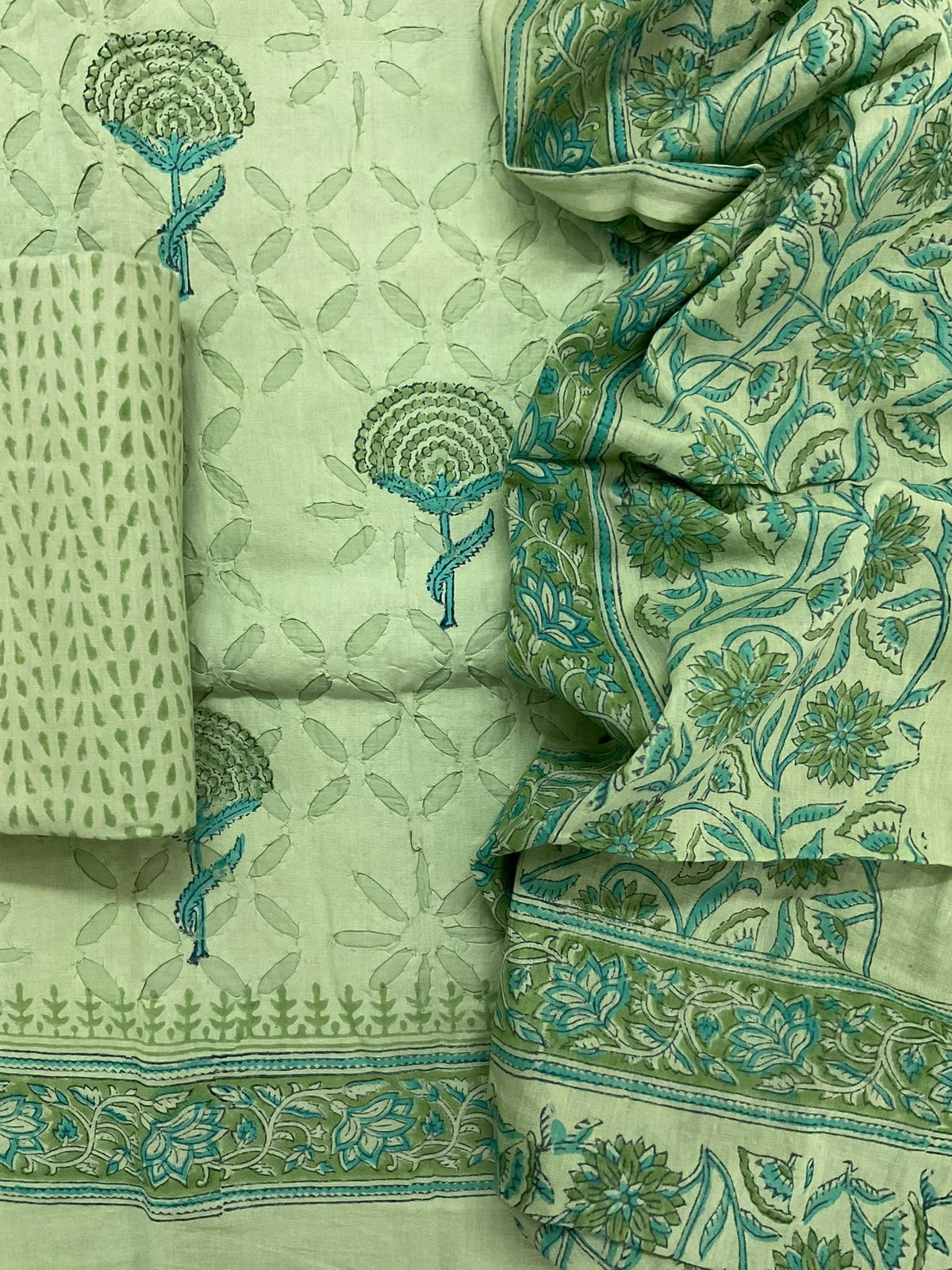 Pure Cotton Printed Applique Work Suit - Green