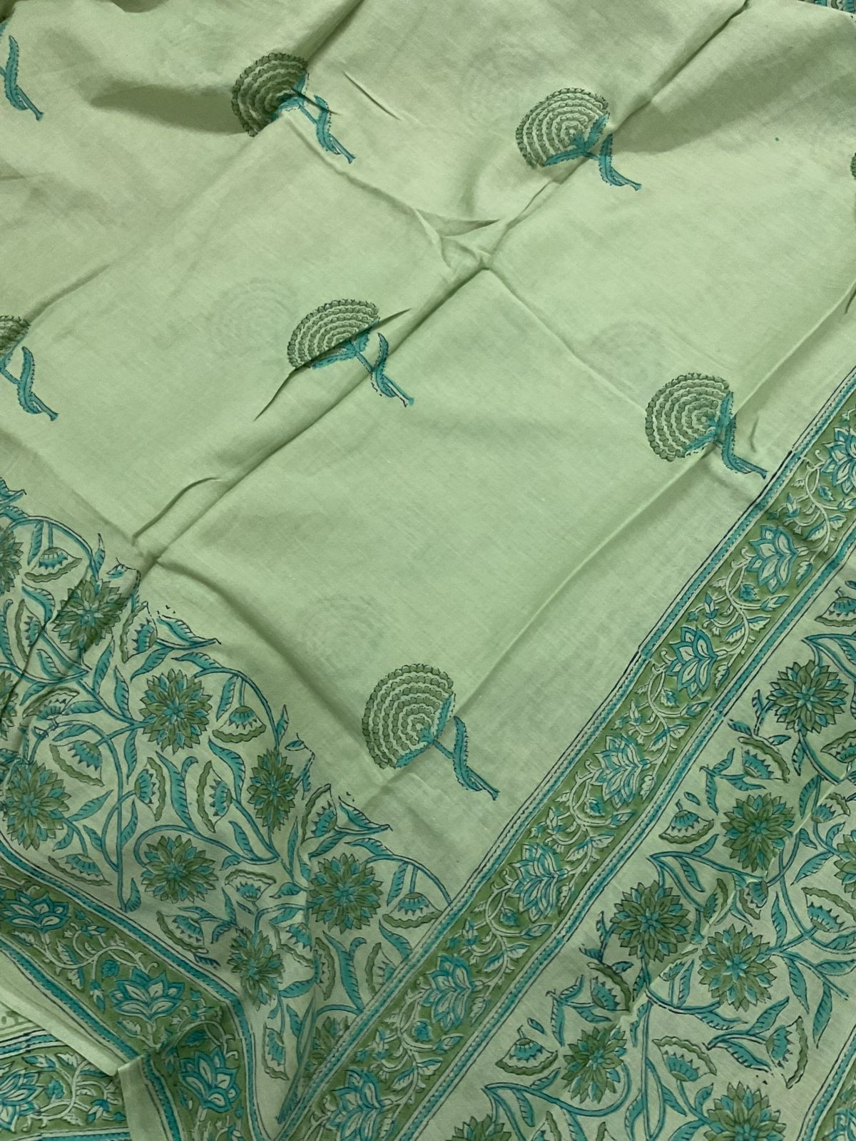 Pure Cotton Printed Applique Work Suit - Green