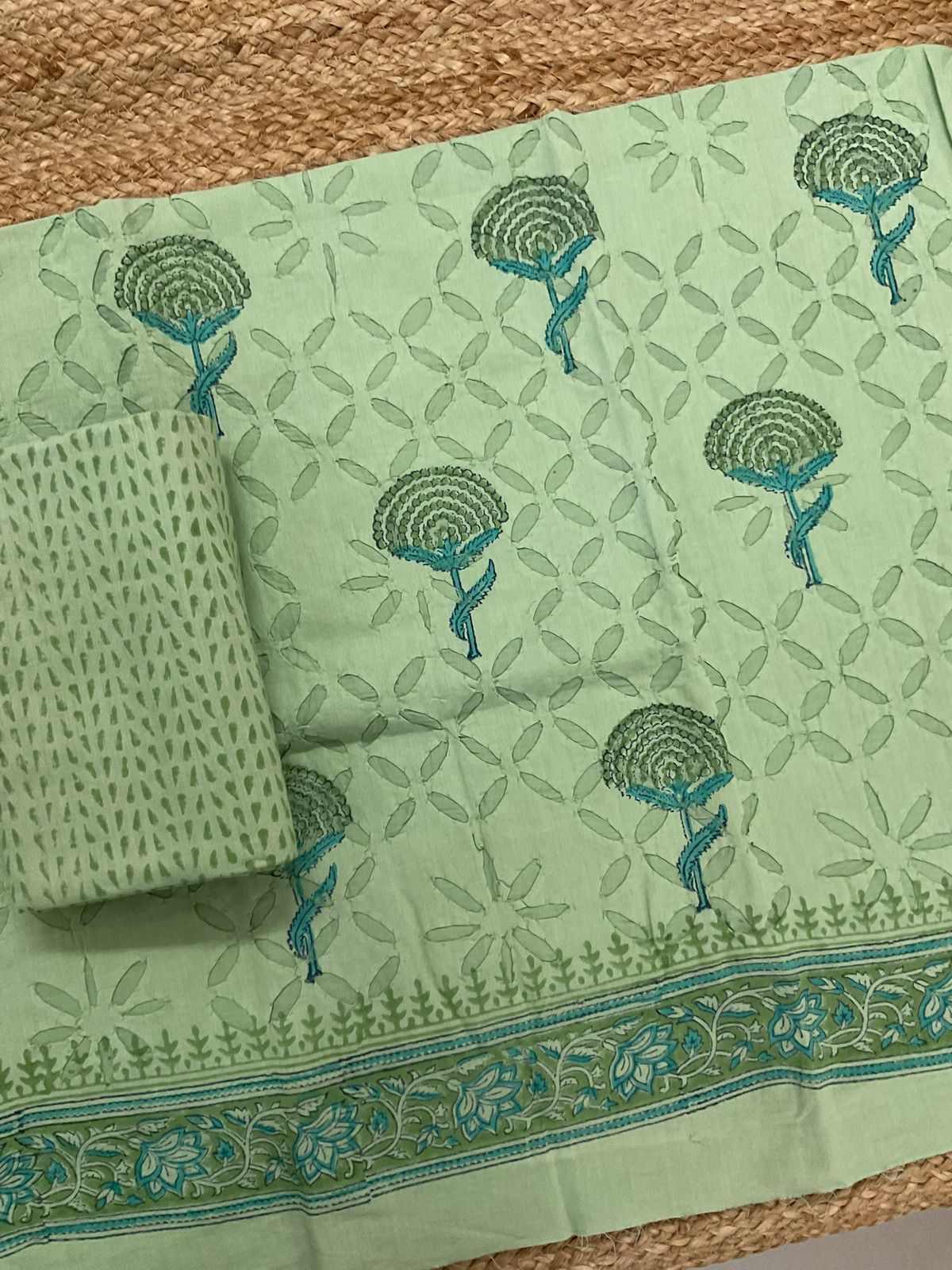 Pure Cotton Printed Applique Work Suit - Green
