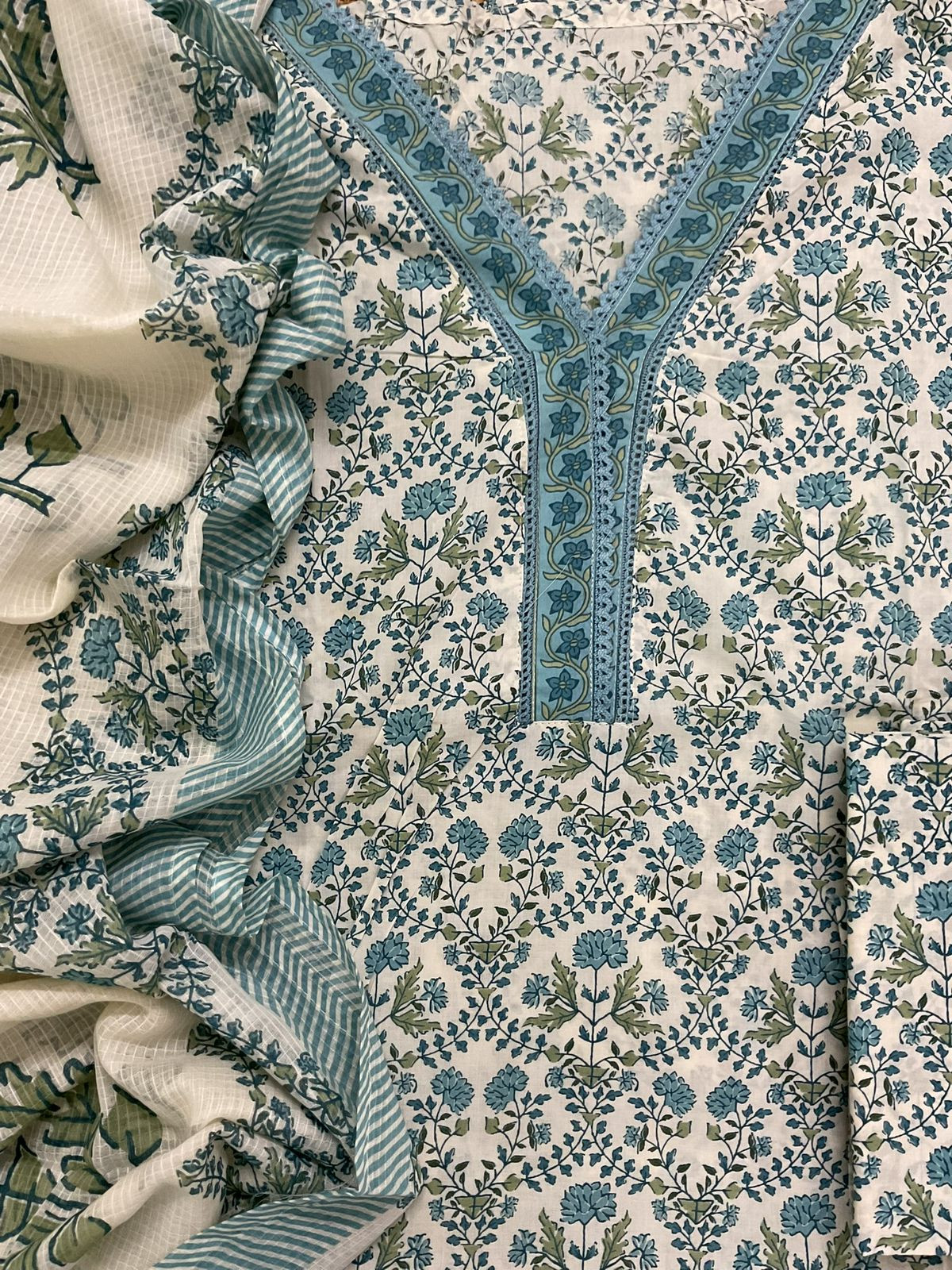 Pure Cotton Printed Embroidered Suit - Blue