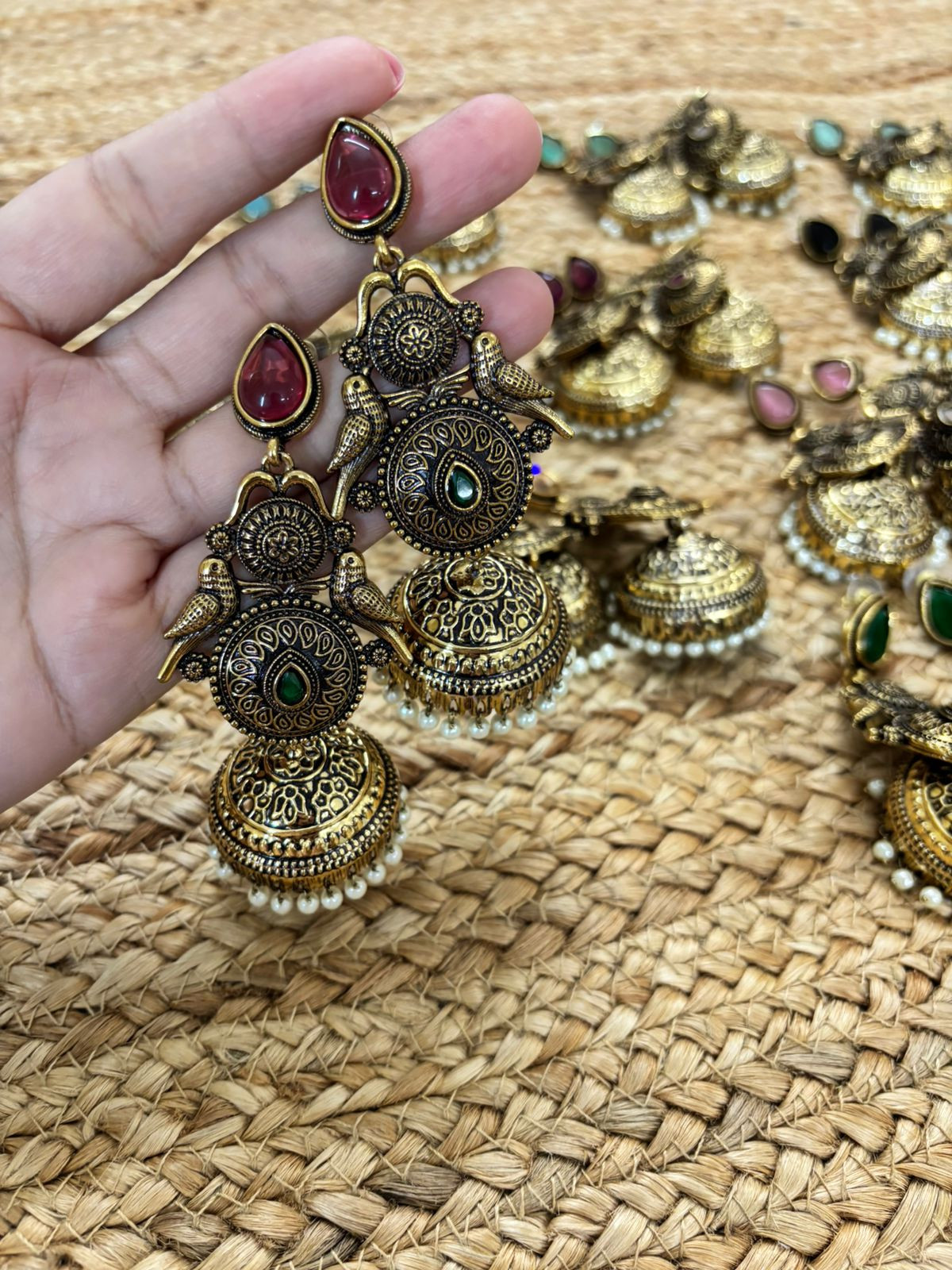 Metallic Oxidised Gold Earrings With Stone Settings - Maroon-Green