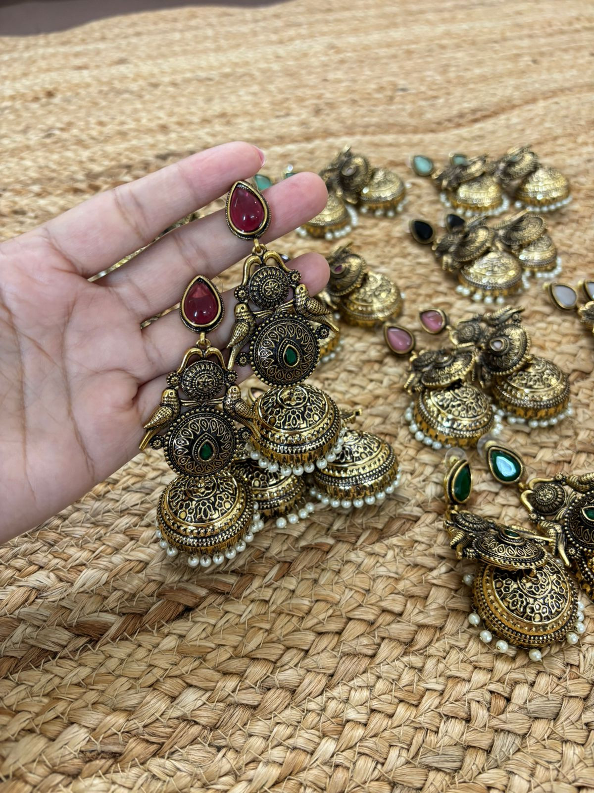 Metallic Oxidised Gold Earrings With Stone Settings - Maroon-Green