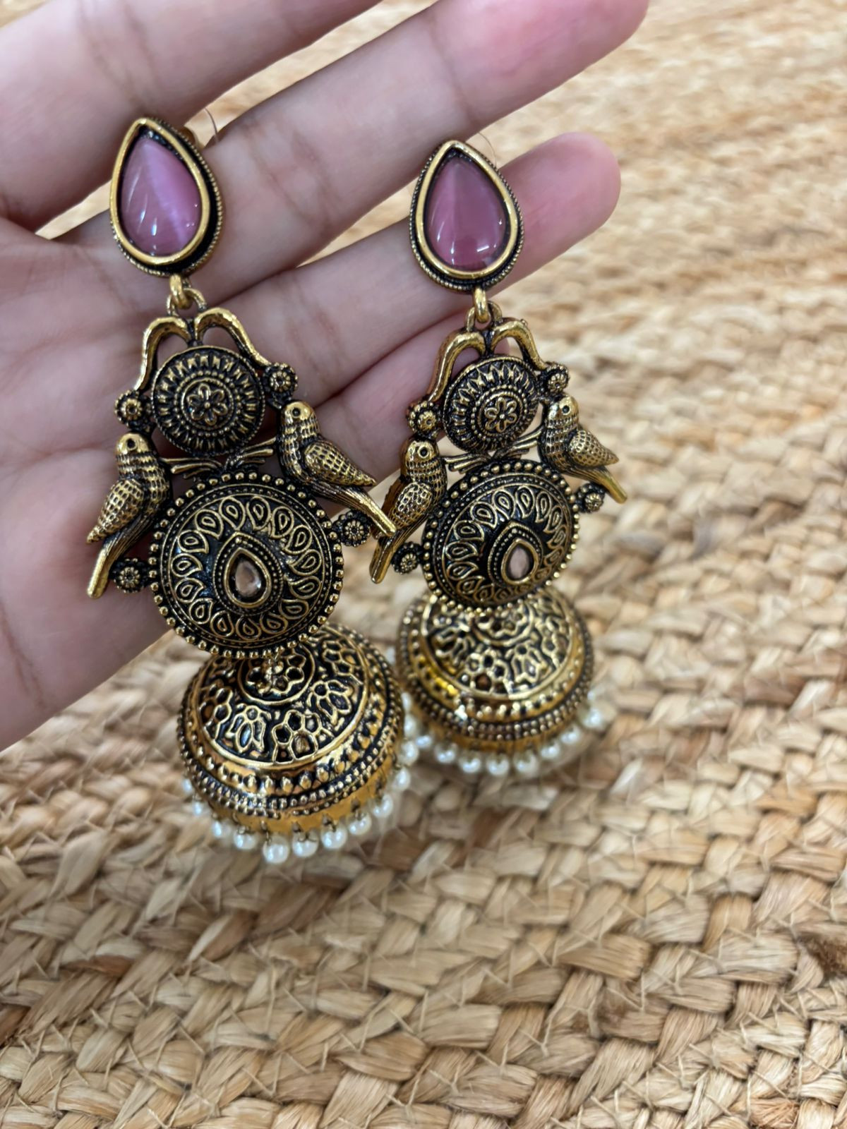 Metallic Oxidised Gold Earrings With Stone Settings - Pink