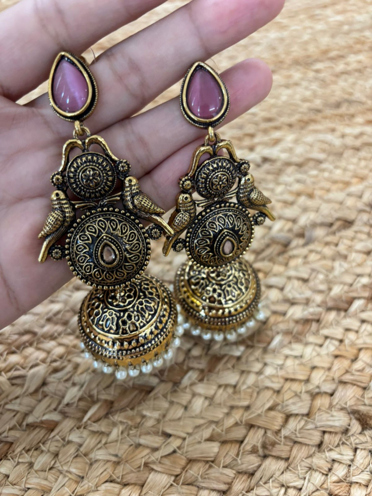 Image of Metallic Oxidised Gold Earrings With Stone Settings - Pink
