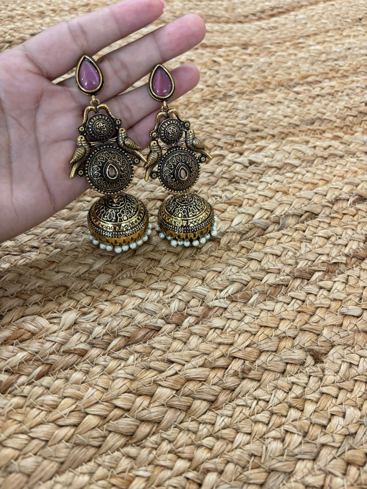 Metallic Oxidised Gold Earrings With Stone Settings - Pink