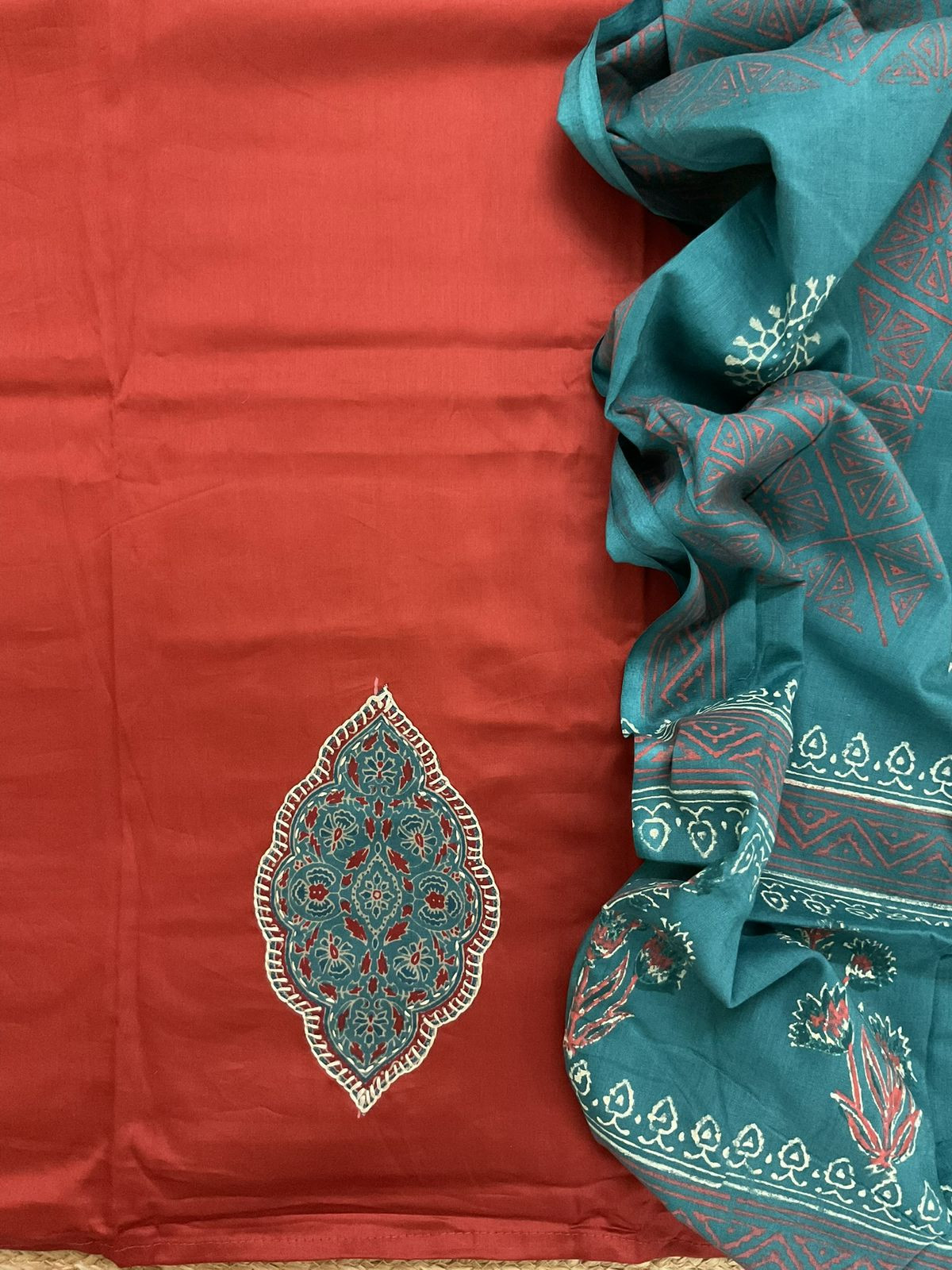 Pure Jaam Cotton Printed Embroidered Suit - Brick Red