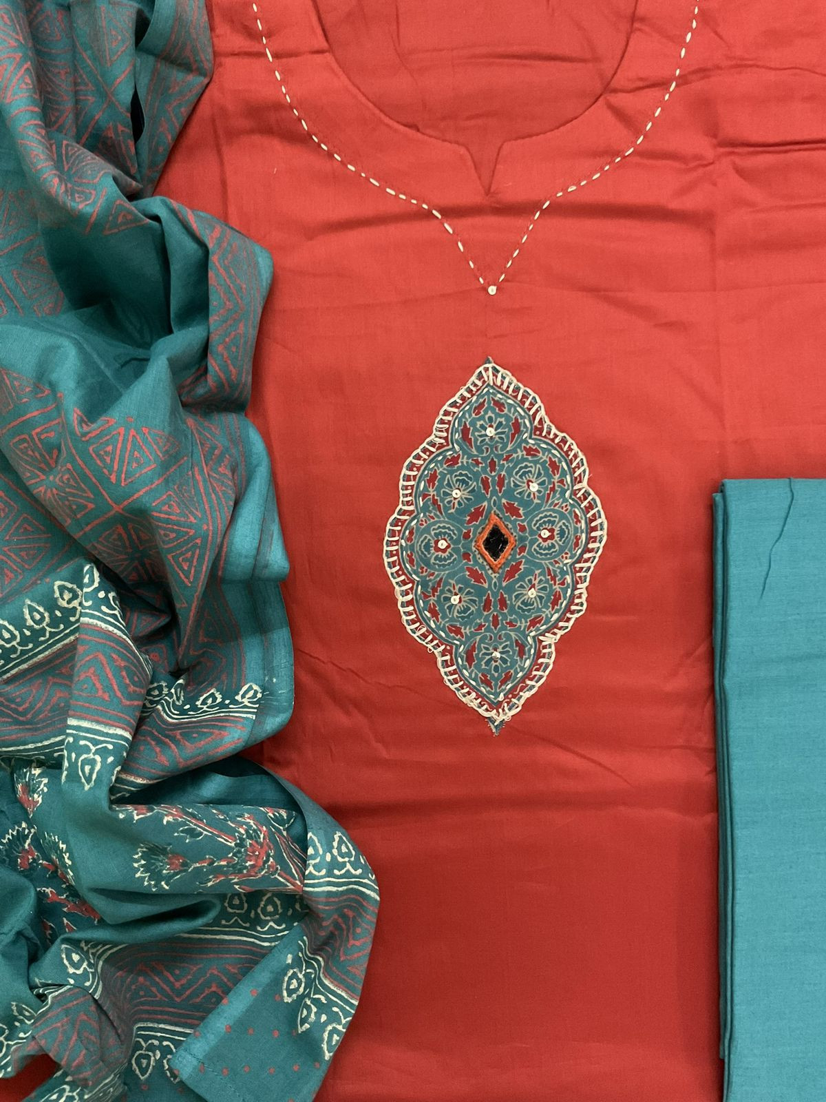 Pure Jaam Cotton Printed Embroidered Suit - Brick Red