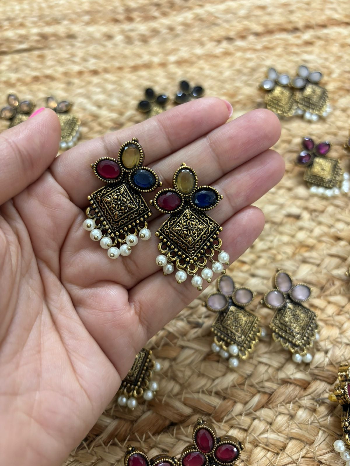 Metallic Oxidised Gold Earrings With Stone Settings - Multicolour