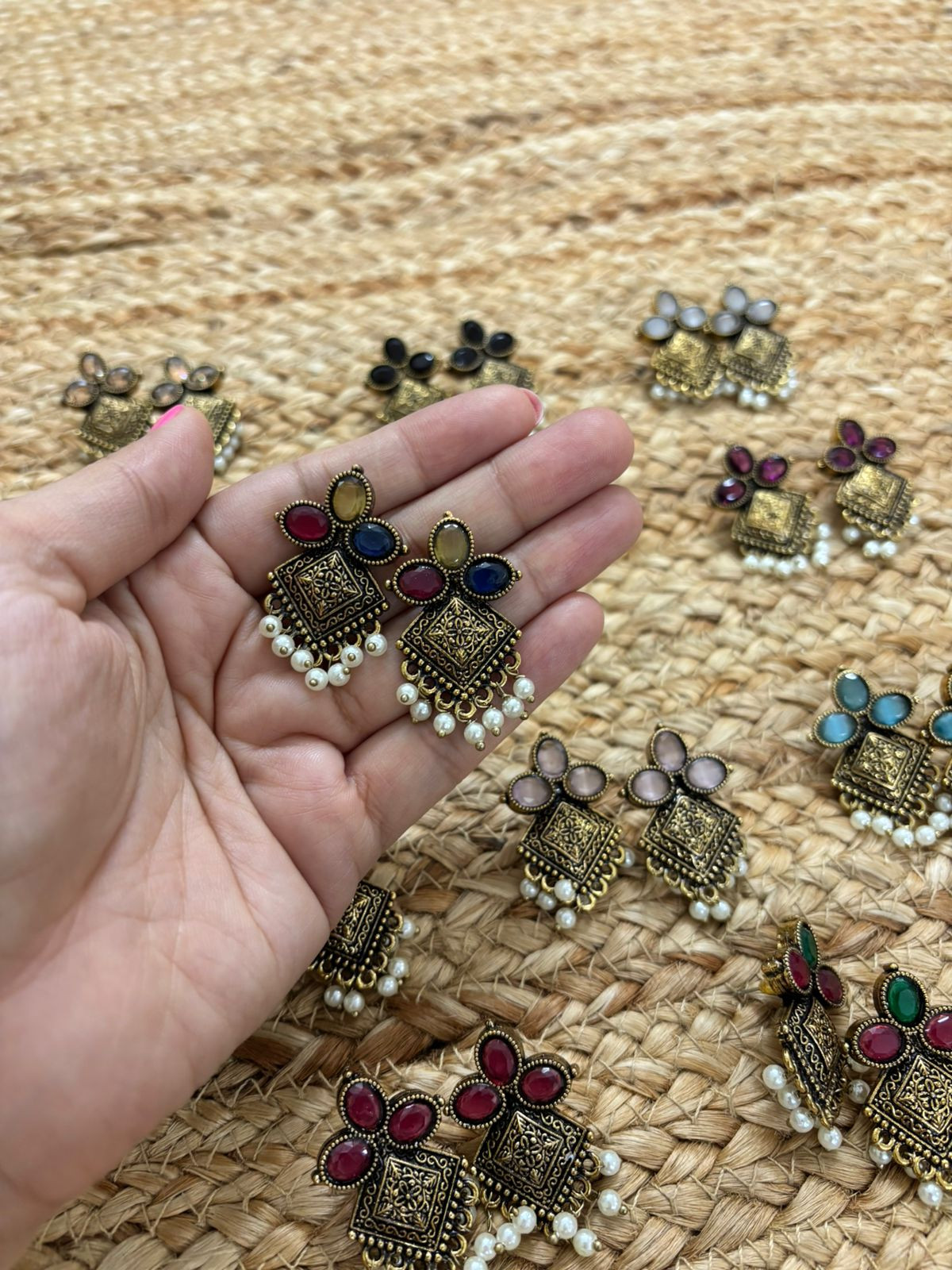 Metallic Oxidised Gold Earrings With Stone Settings - Multicolour