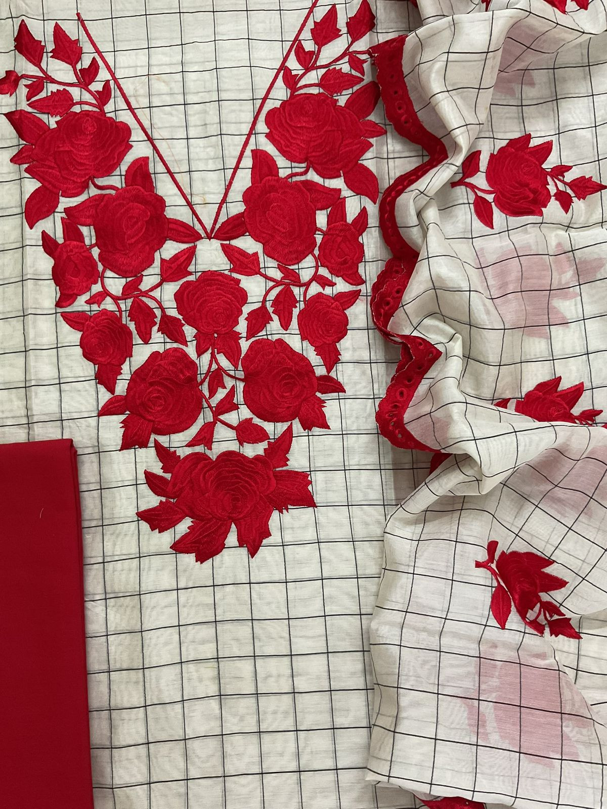 Pure Handloom Maheshwari Self Weaved Embroidered Suit - Off White