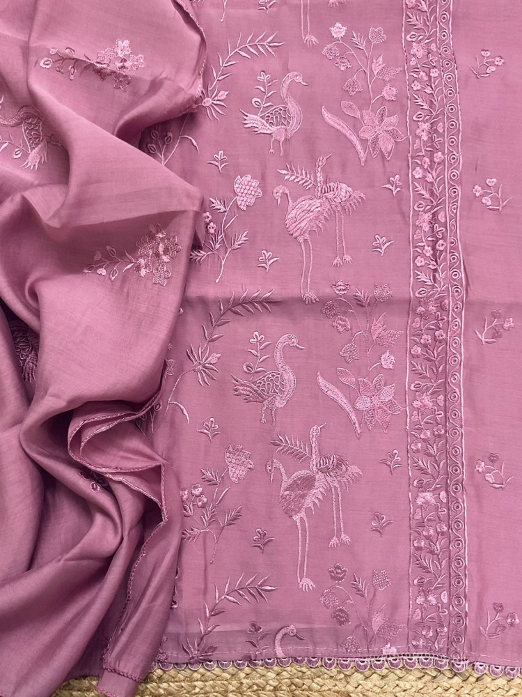Image of Soft Muslin Embroidered Suit - Lilac Pink