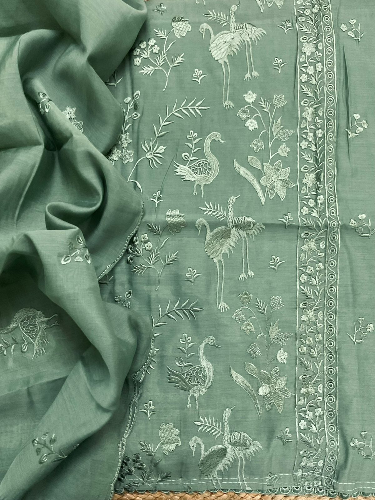 Soft Muslin Embroidered Suit - Green