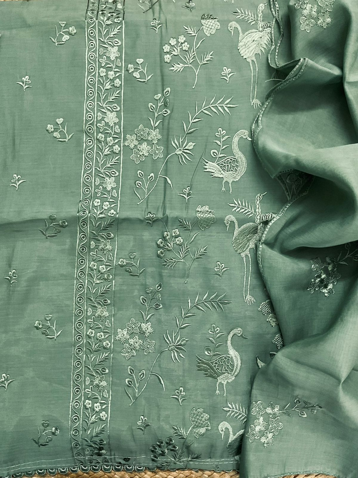 Soft Muslin Embroidered Suit - Green
