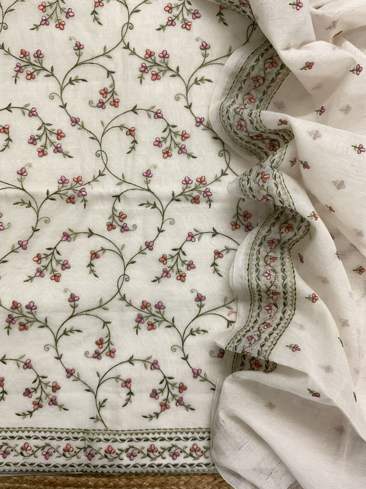 Pure Chanderi Embroidered Suit - Off White