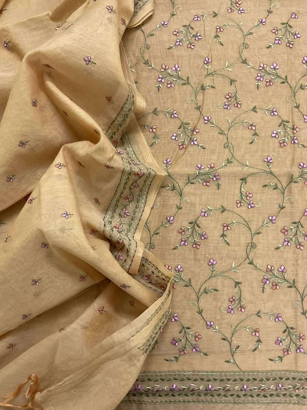 Pure Chanderi Embroidered Suit - Brown