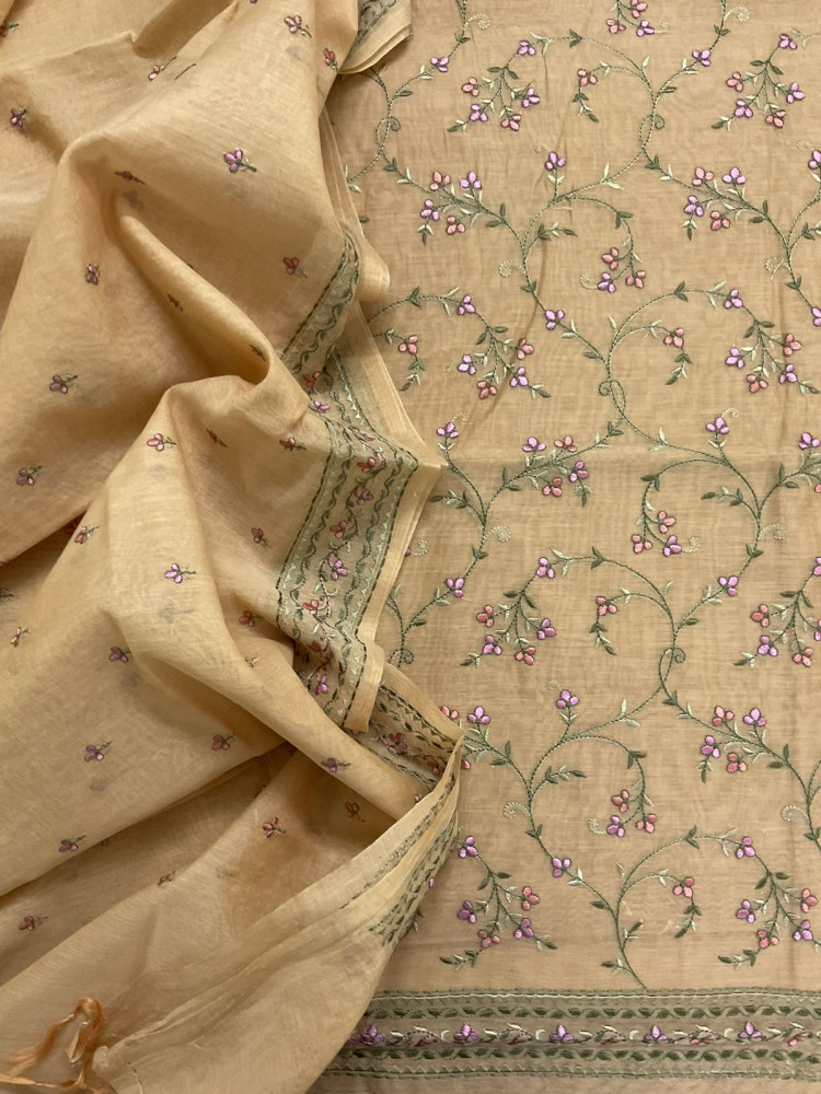 Image of Pure Chanderi Embroidered Suit - Brown