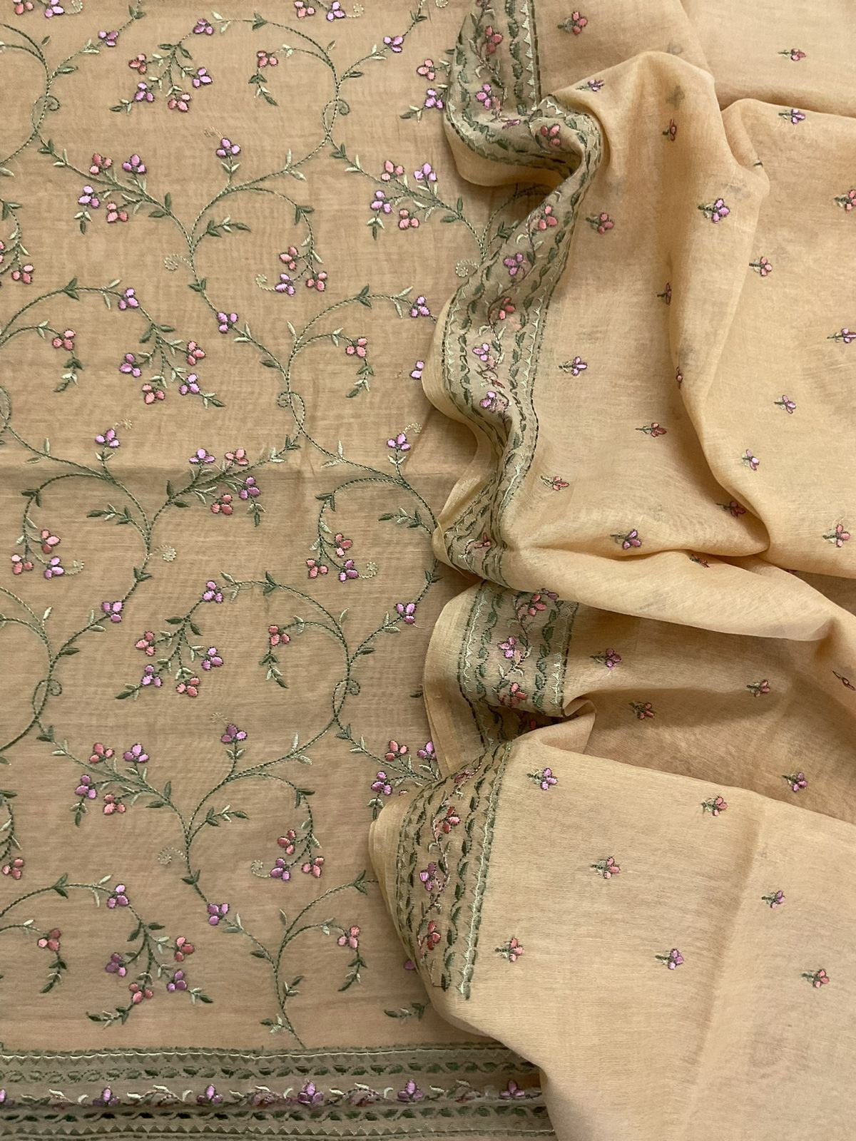 Pure Chanderi Embroidered Suit - Brown