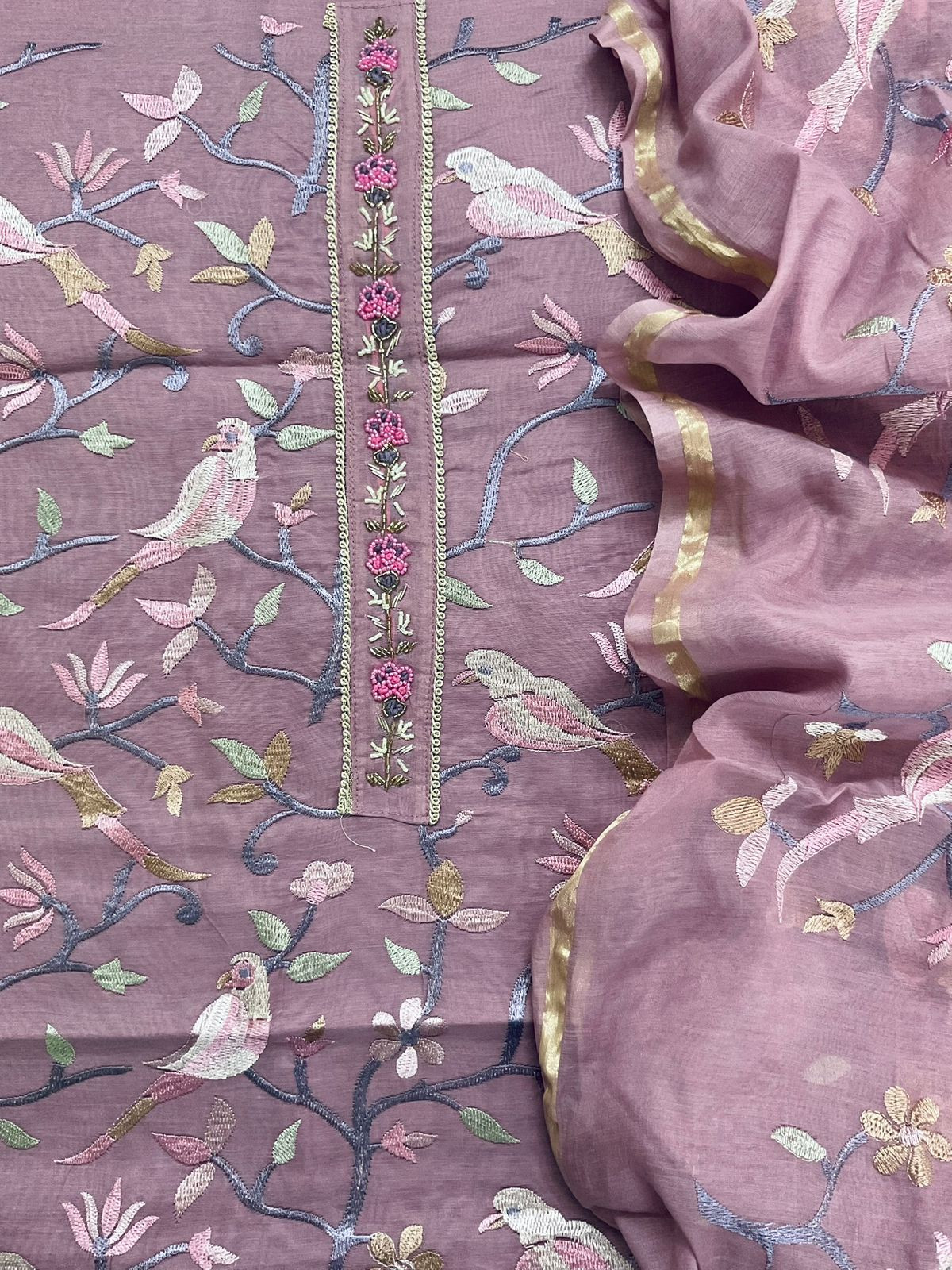 Soft Chanderi Embroidered Suit - Mauve