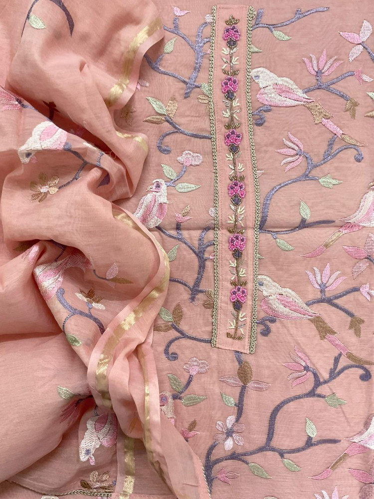 Image of Soft Chanderi Embroidered Suit - Peach