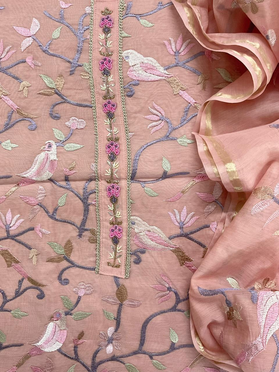 Soft Chanderi Embroidered Suit - Peach