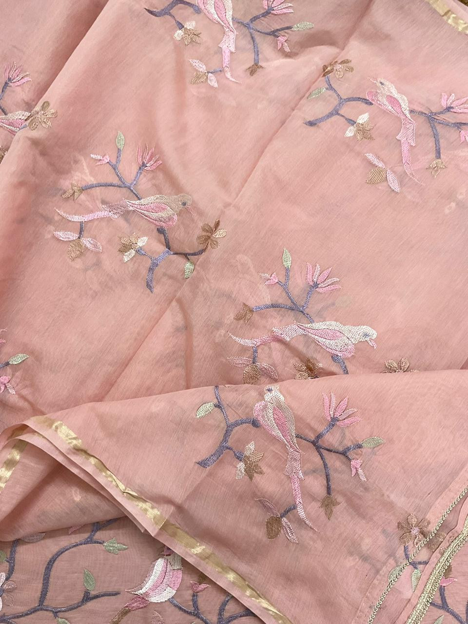 Soft Chanderi Embroidered Suit - Peach