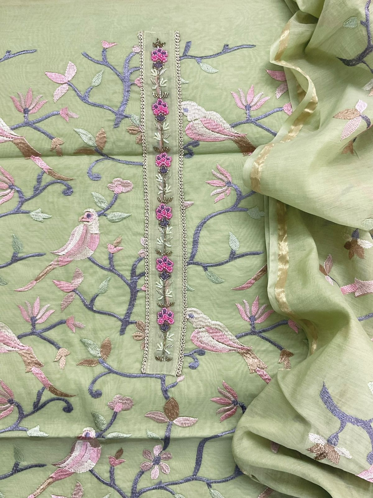 Soft Chanderi Embroidered Suit - Green