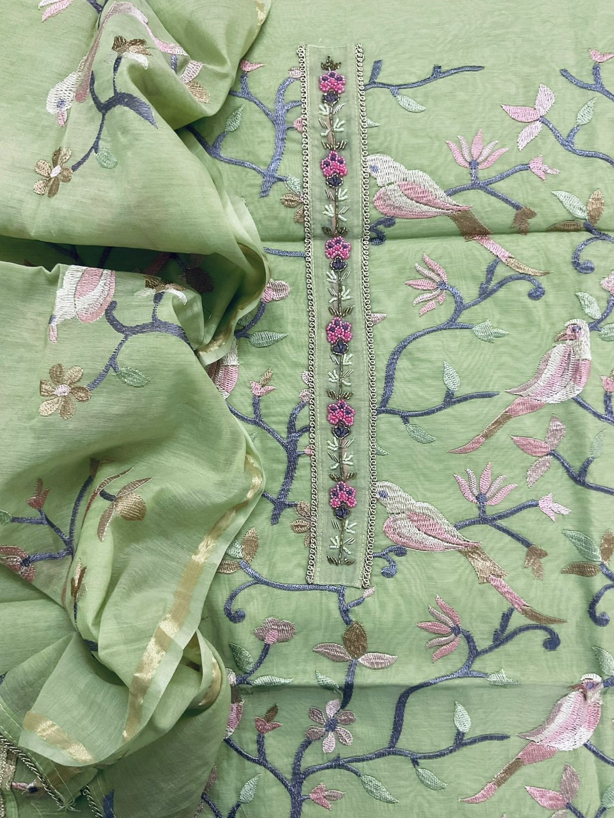 Soft Chanderi Embroidered Suit - Green