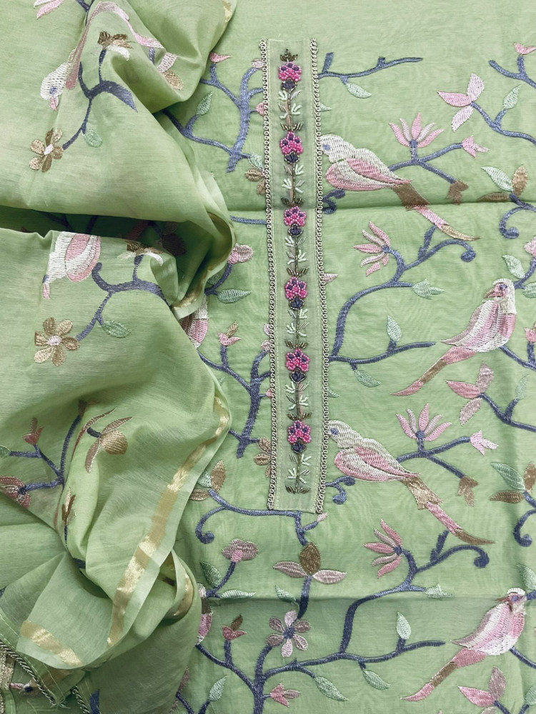 Image of Soft Chanderi Embroidered Suit - Green