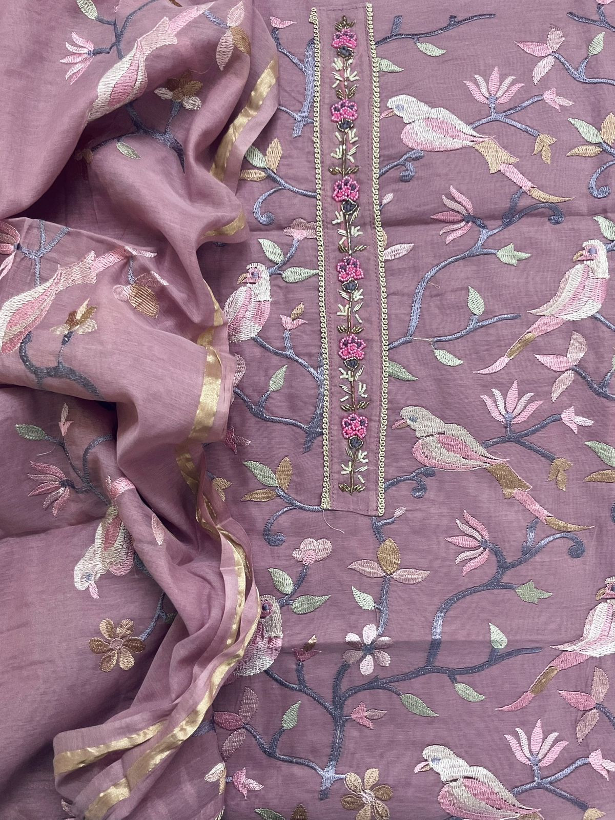 Soft Chanderi Embroidered Suit - Mauve