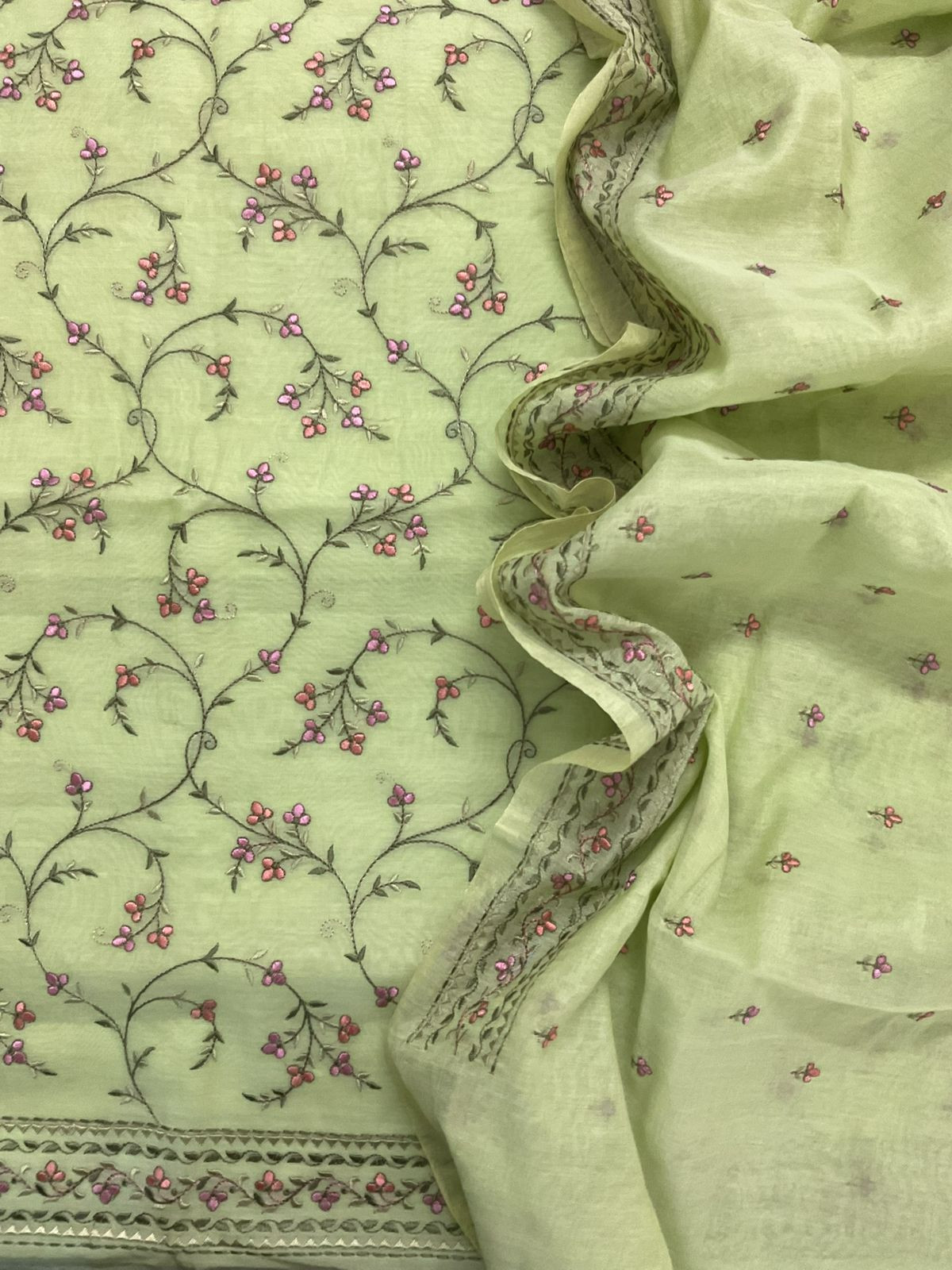 Pure Chanderi Embroidered Suit - Green