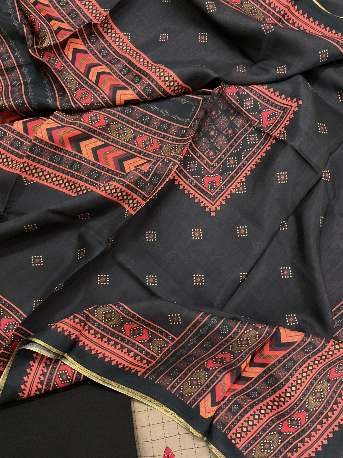 Soft Chanderi Self Weaved Printed Embroidered Suit - Beige