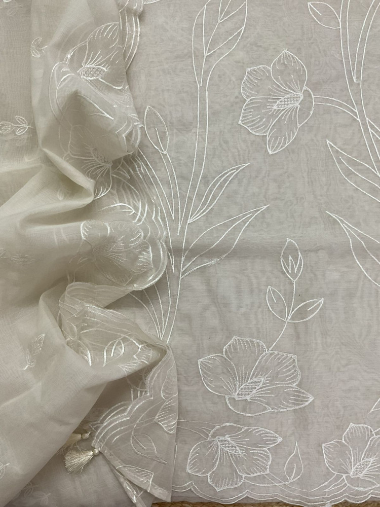 Image of Soft Chanderi Embroidered Suit - OffWhite