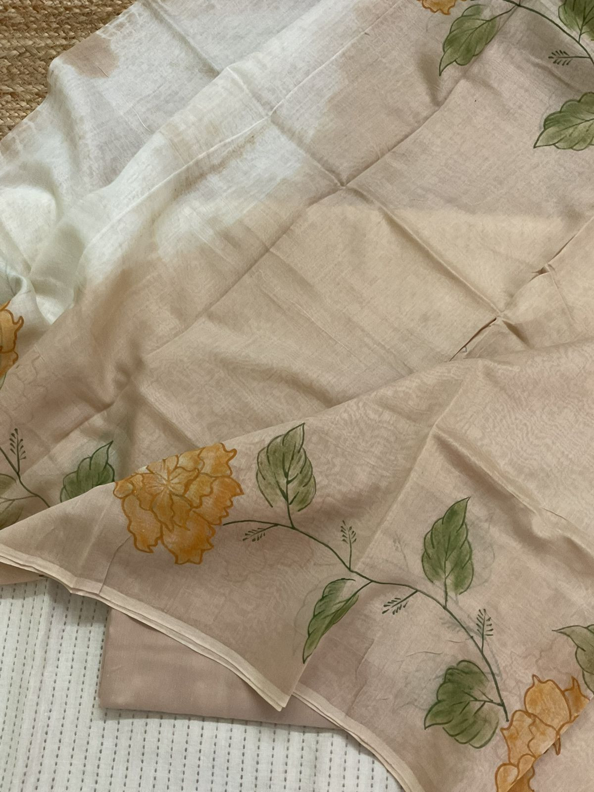 Soft Linen Jute Cotton Printed Embroidered Suit - Cream