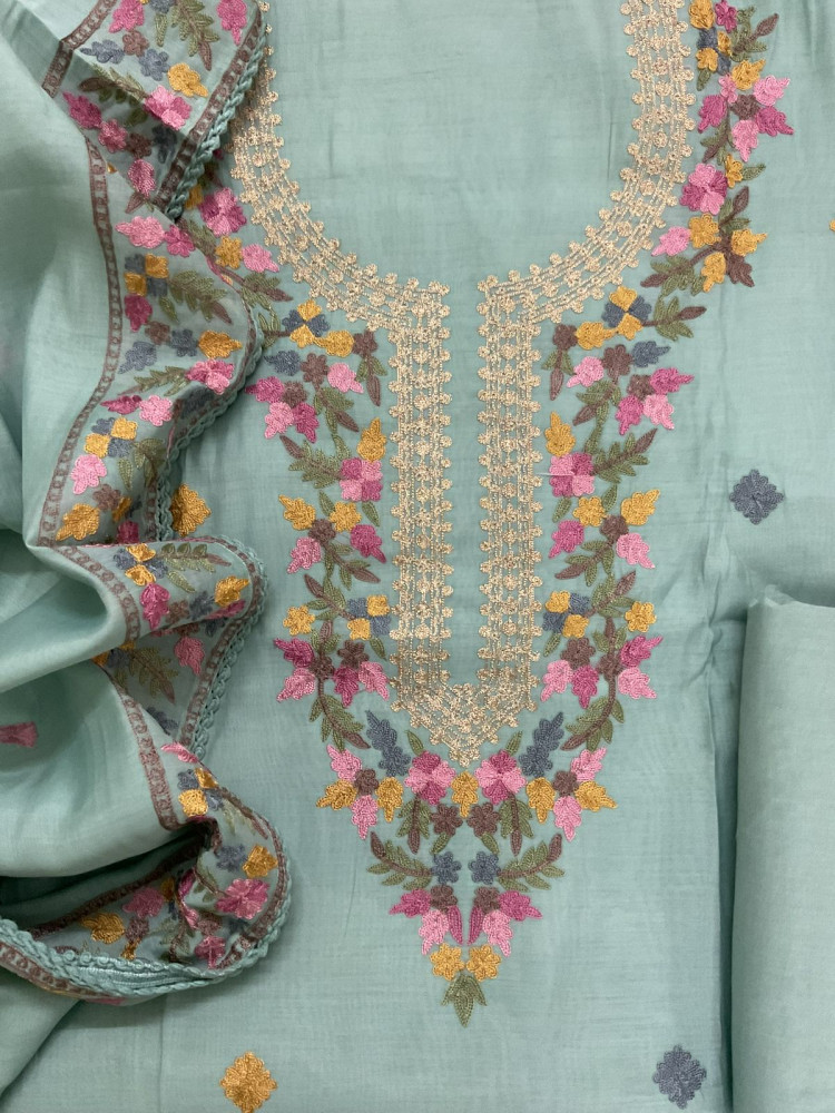 Image of Soft Muslin Embroidered Suit - Blue
