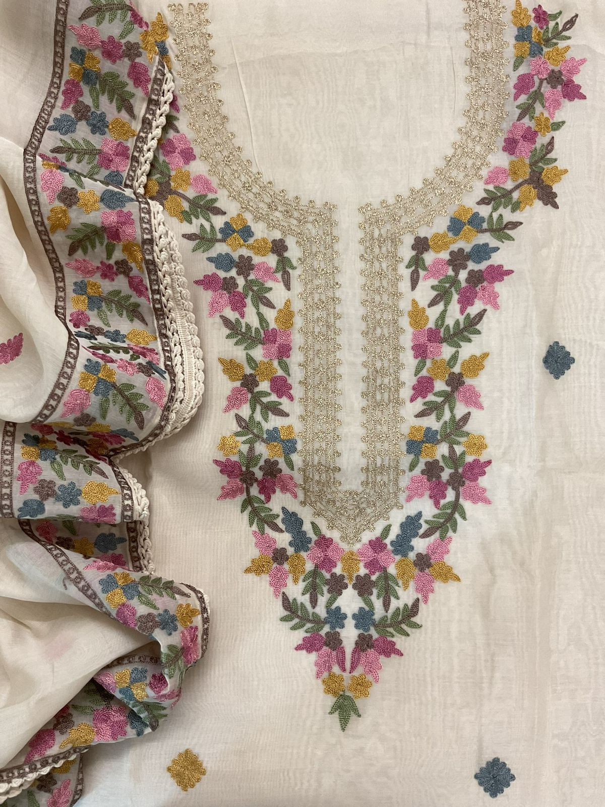 Soft Muslin Embroidered Suit - OffWhite