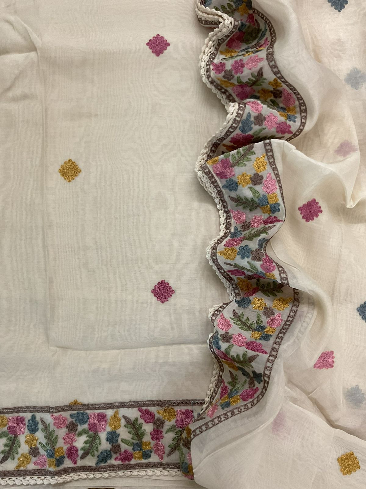 Soft Muslin Embroidered Suit - OffWhite