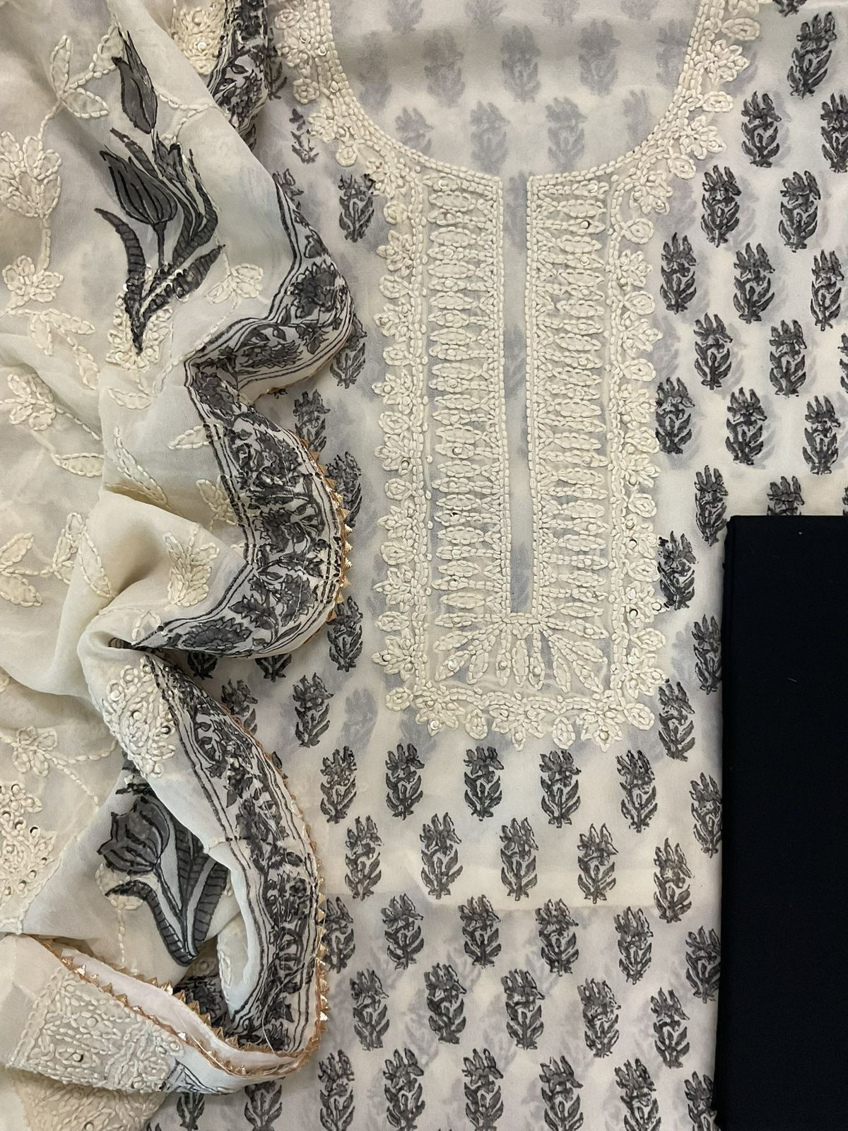 Pure Georgette Block Printed Embroidered Suit - Off White