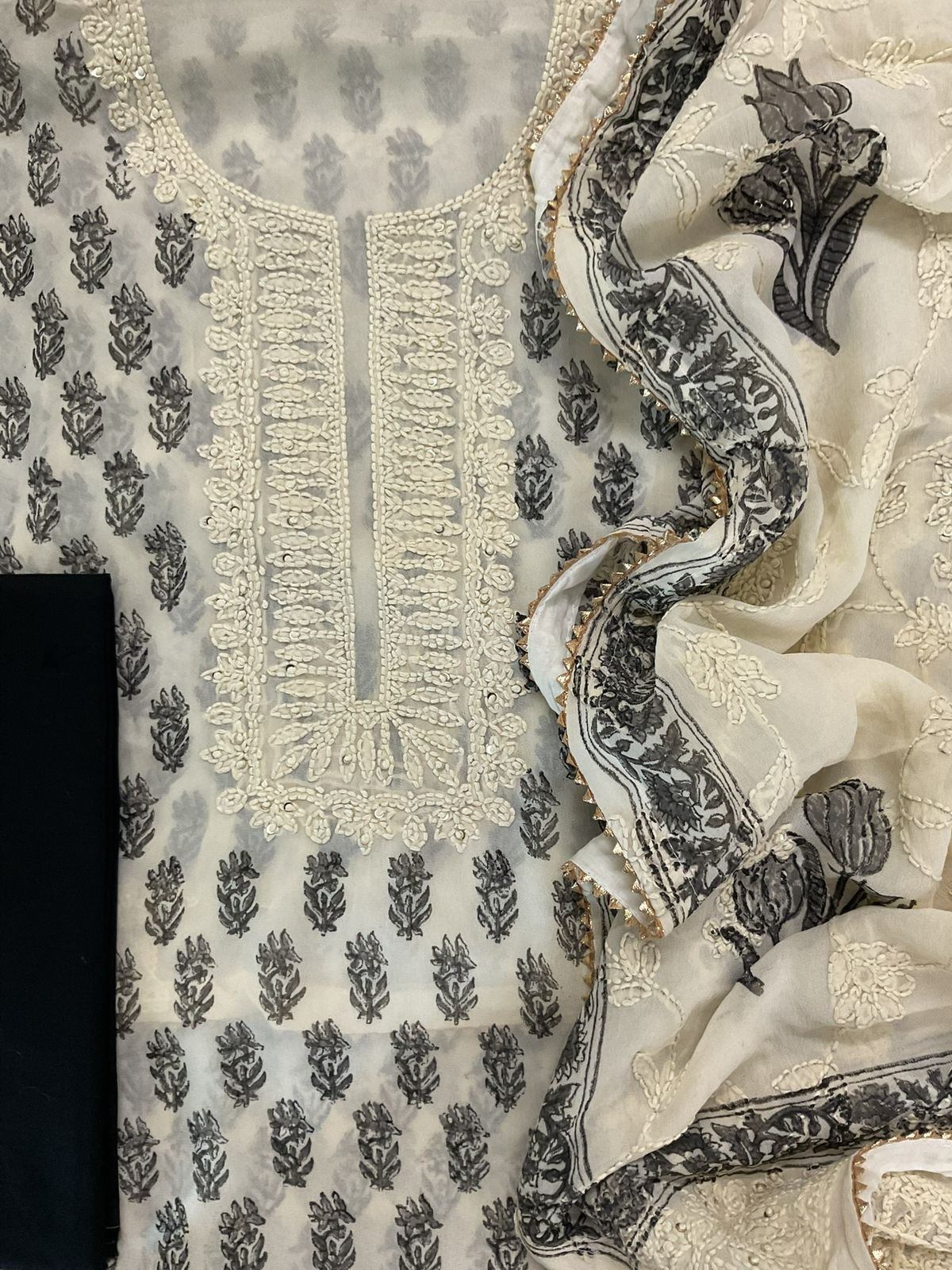 Pure Georgette Block Printed Embroidered Suit - Off White