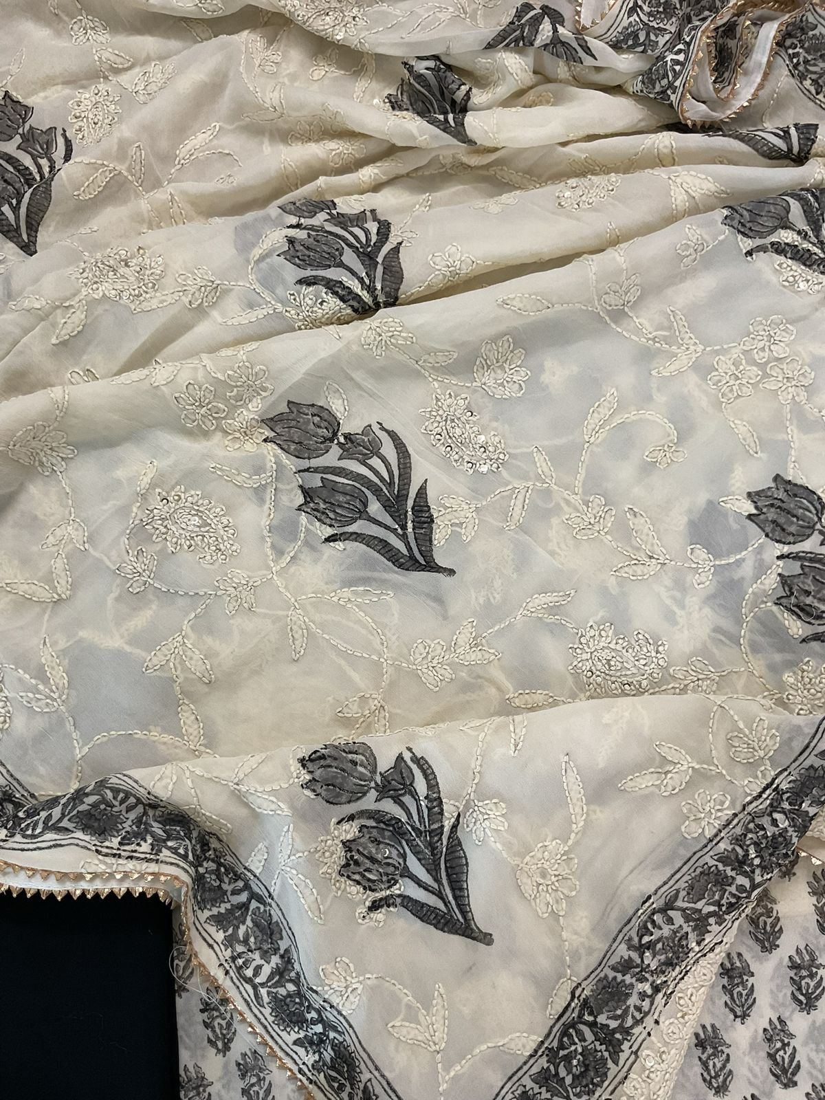 Pure Georgette Block Printed Embroidered Suit - Off White