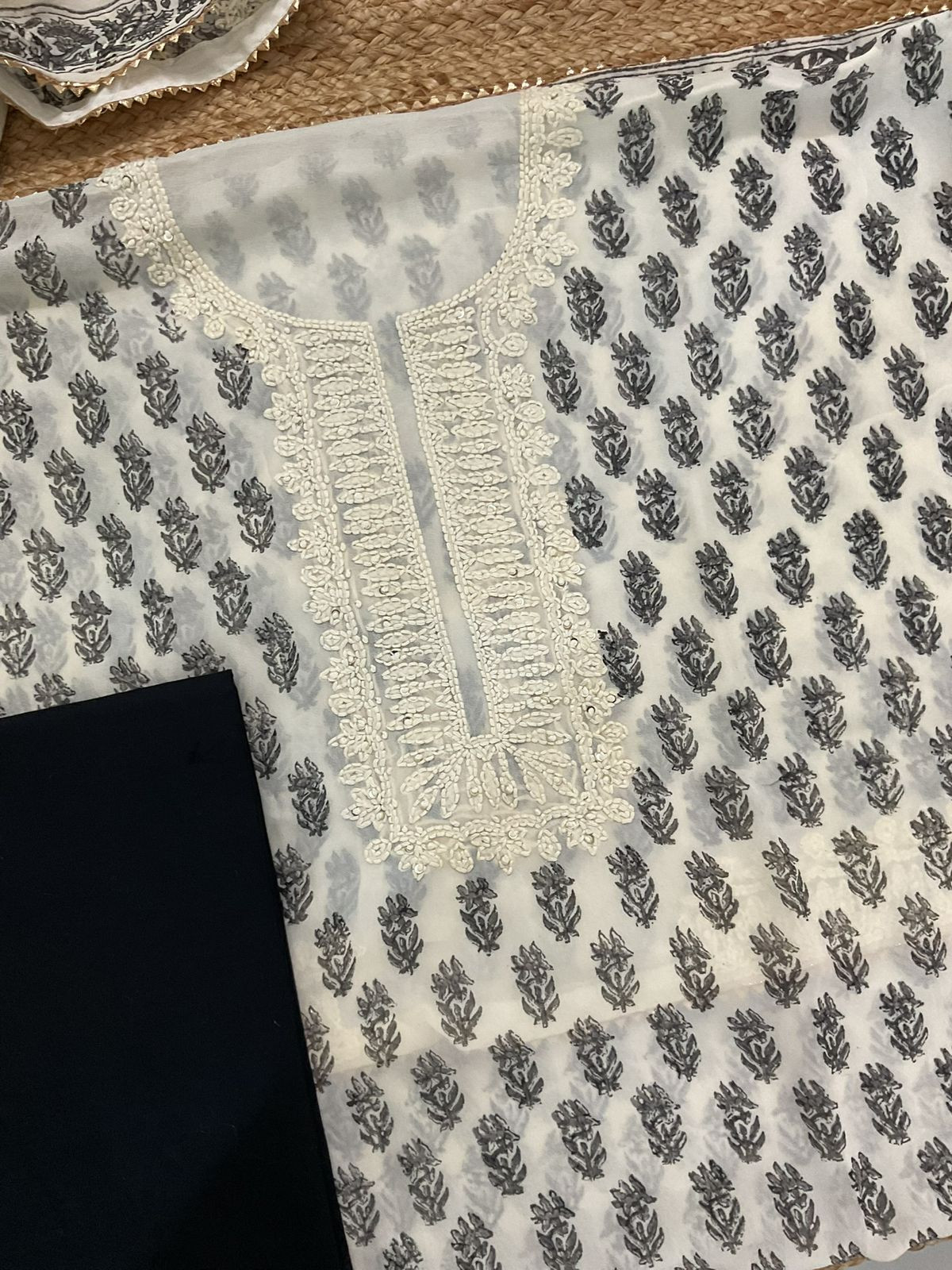 Pure Georgette Block Printed Embroidered Suit - Off White