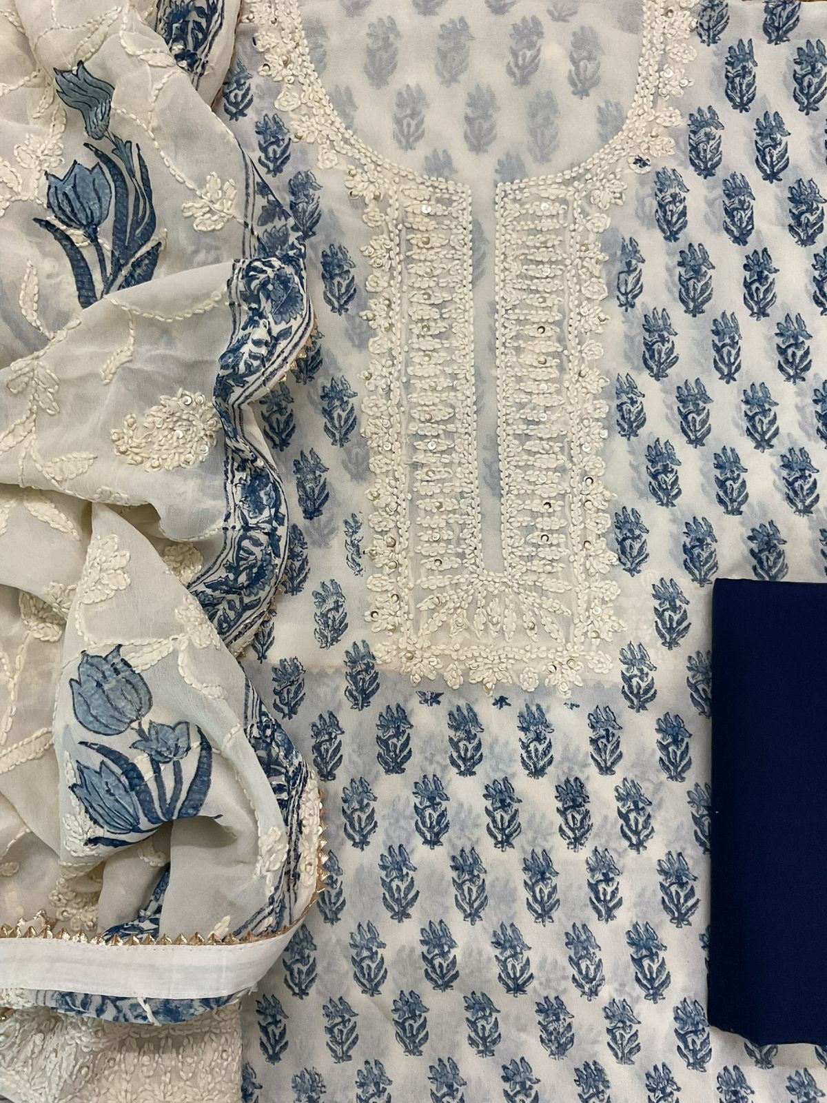 Pure Georgette Block Printed Embroidered Suit - Off White