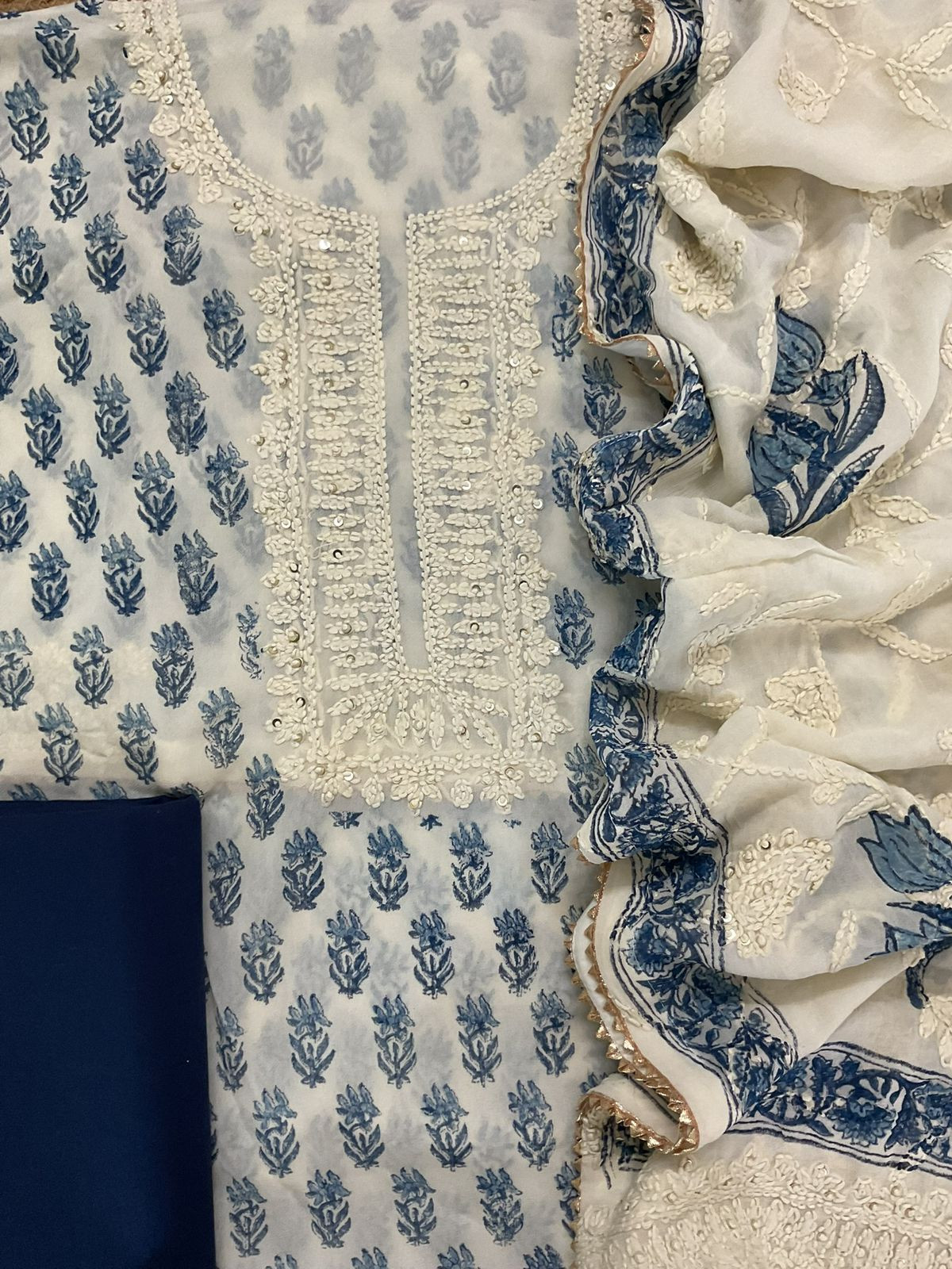 Pure Georgette Block Printed Embroidered Suit - Off White