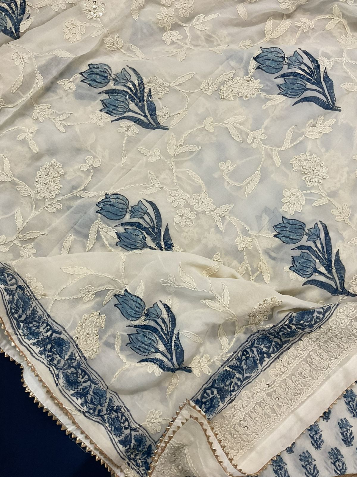 Pure Georgette Block Printed Embroidered Suit - Off White
